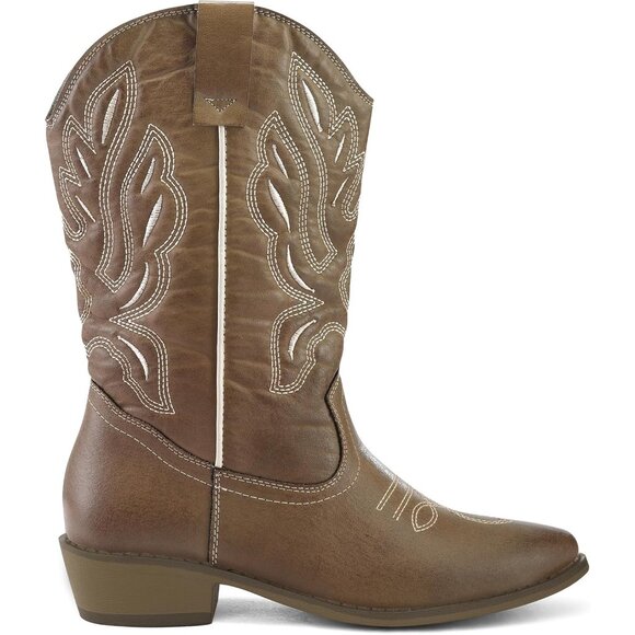 mysoft Women's Light Brown Western Cowboy Boots Mid Calf Pointed Toe Cowgirl - Picture 4 of 6